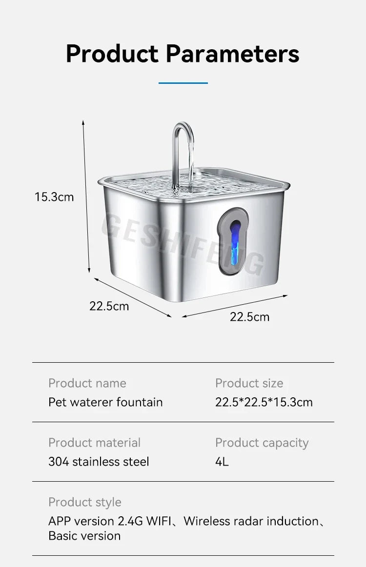 4L/135oz Pet Drinking Fountain Wireless 5000mAh Stainless Steel Smart Water Dispenser cat Water Fountain Stainless Steel Wifi